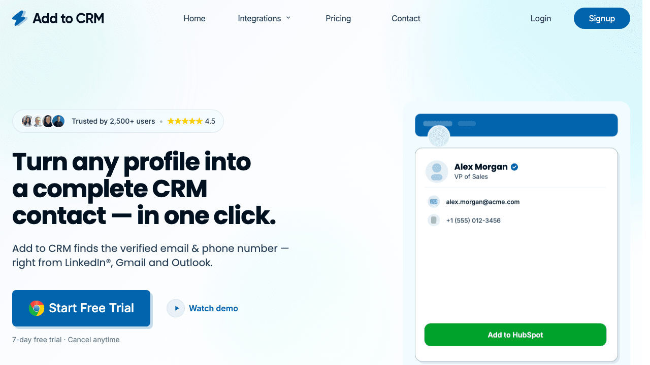 Add to CRM — verified contacts into your CRM in one click