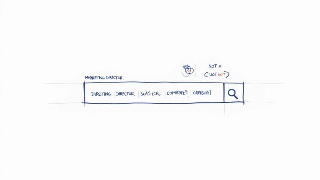 Hand-drawn sketch of a search bar displaying advanced boolean search syntax for job titles.