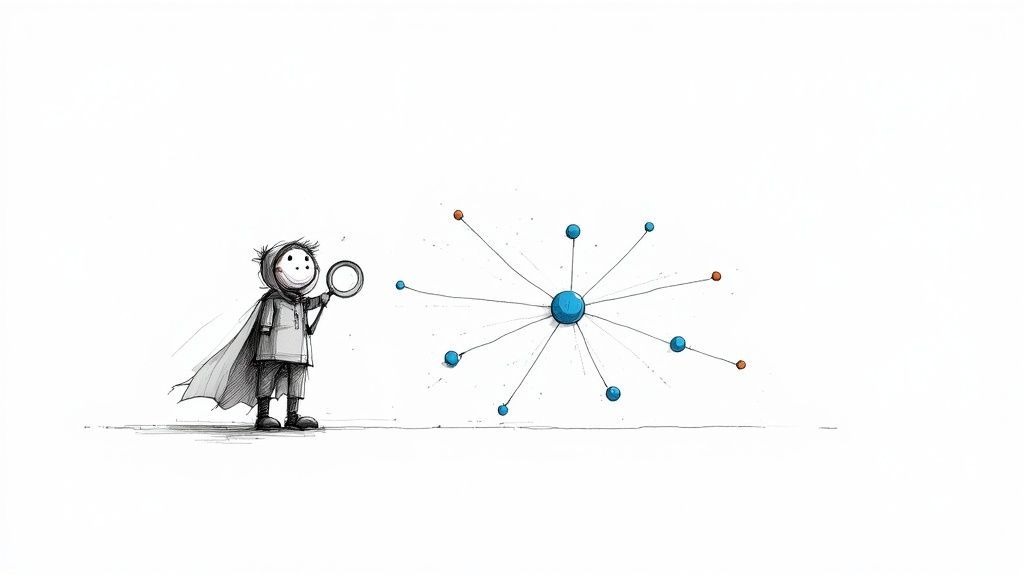 A whimsical sketch of a child-like figure in a cape holding a magnifying glass, examining a connected network of spheres.