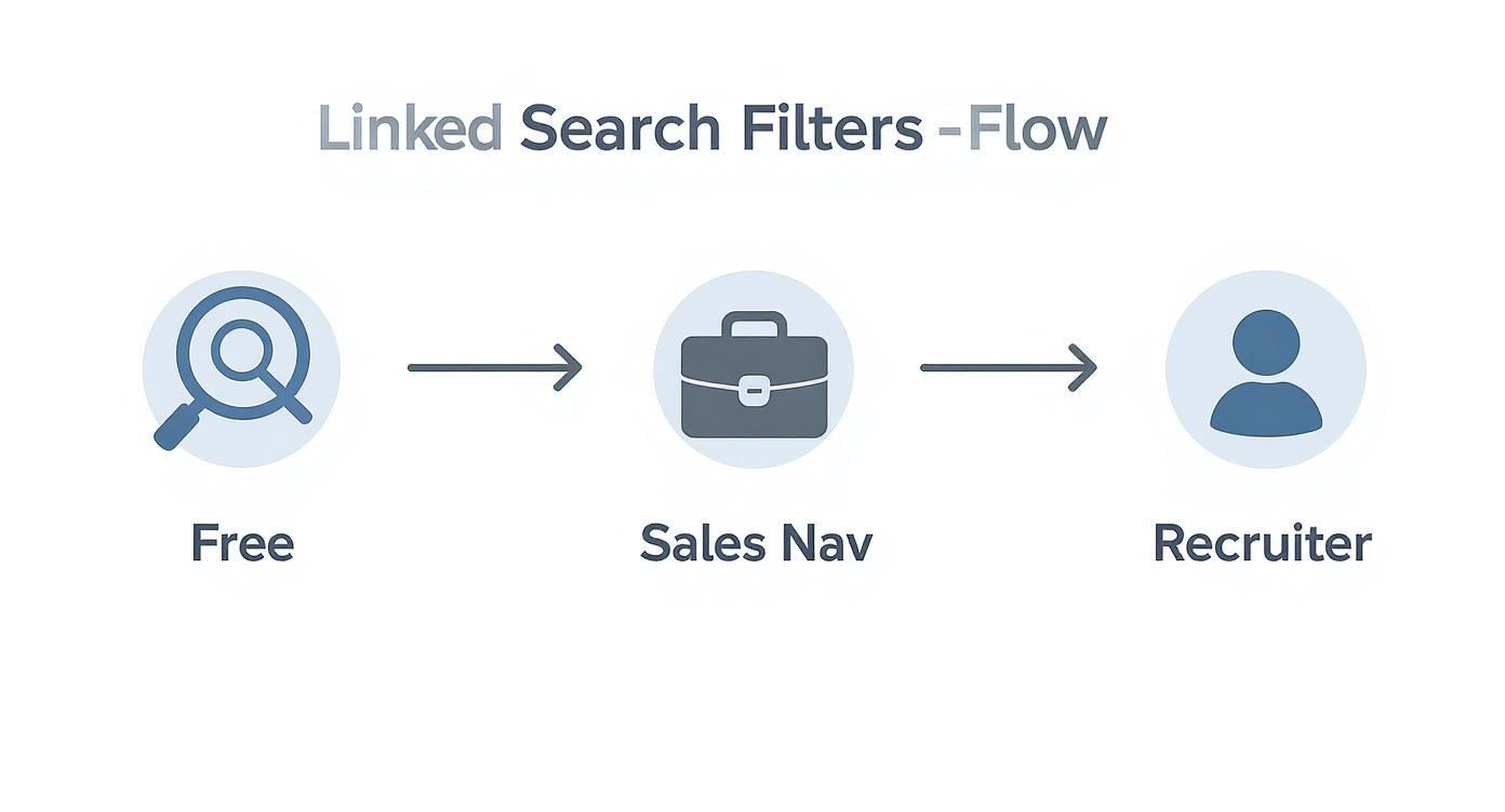 Flowchart displaying LinkedIn search filters progression: Free, Sales Navigator, and Recruiter options.
