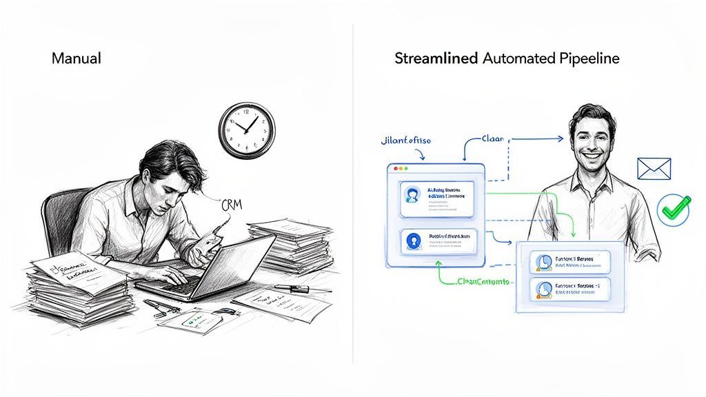 Illustration contrasting manual and automated lead generation processes, highlighting efficiency gains with automation.