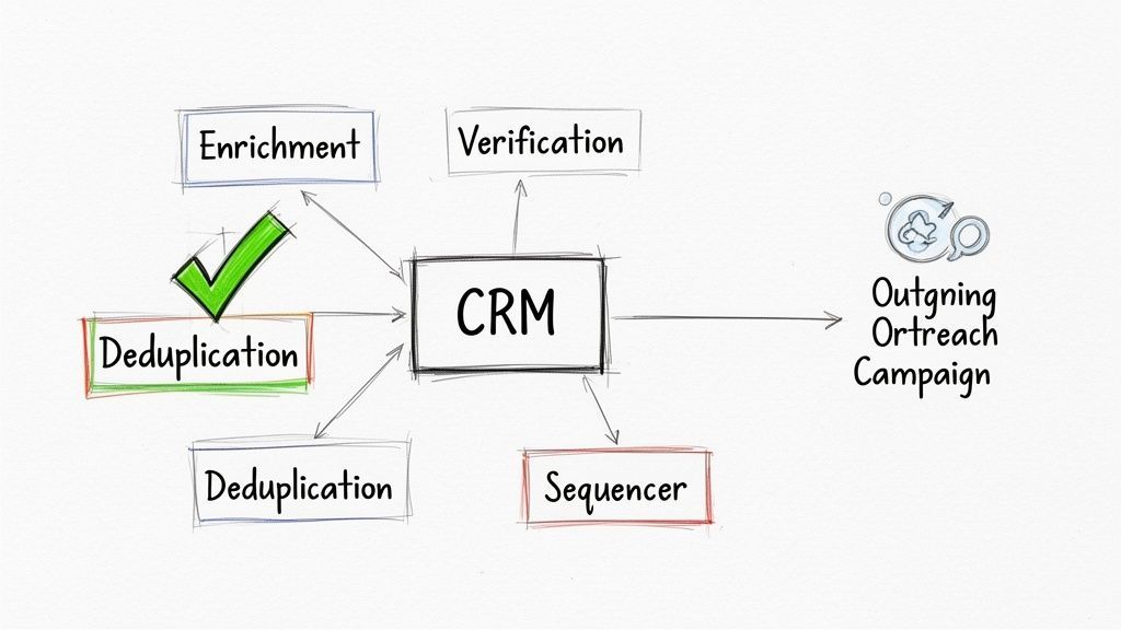 A diagram illustrating a CRM workflow with data enrichment, deduplication, verification, and outreach campaign.