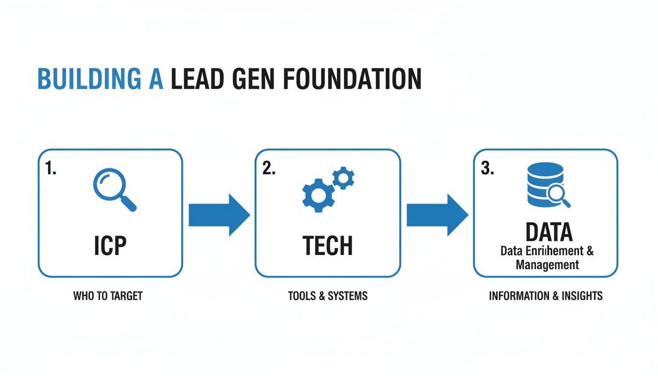 A flowchart illustrating a lead generation foundation: Ideal Customer Profile, Technology, and Data.