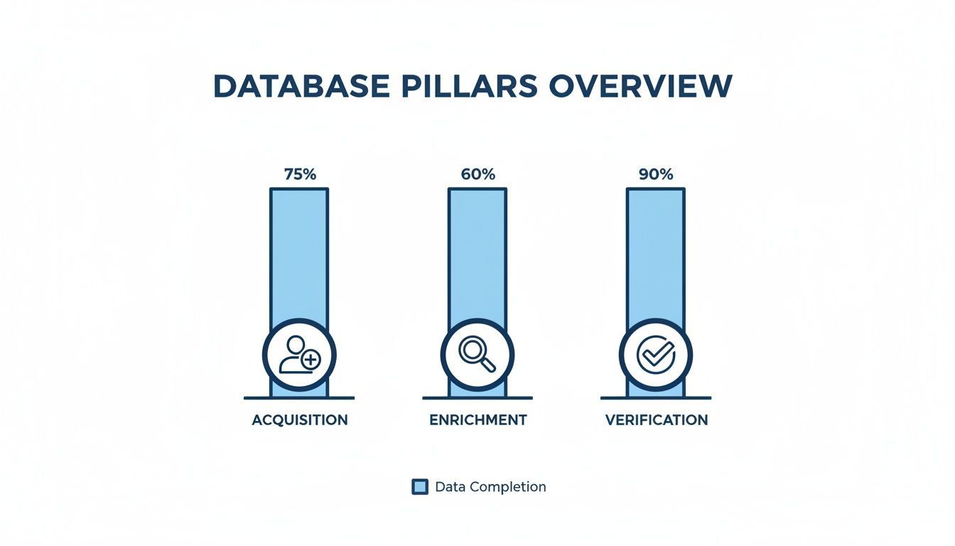 Bar chart illustrating data completion percentages for database pillars: Acquisition (75%), Enrichment (60%), and Verification (90%).