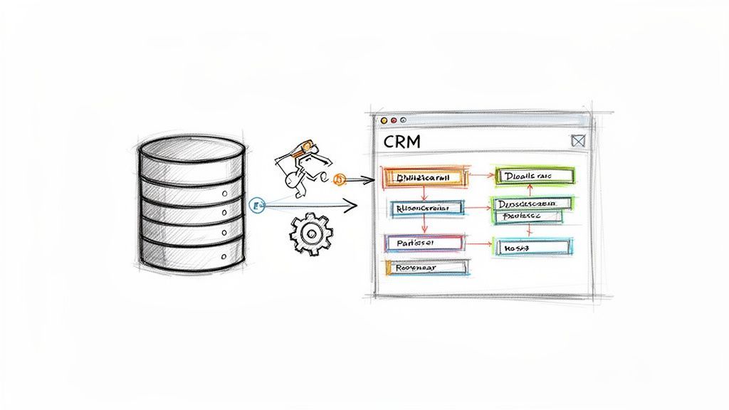Diagram showing data flowing from a database, processed, and integrated into a CRM system.