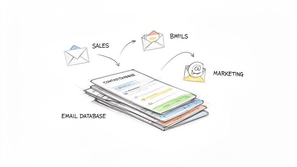 A diagram showing emails from sales and B2B sources feeding into an email database for marketing.