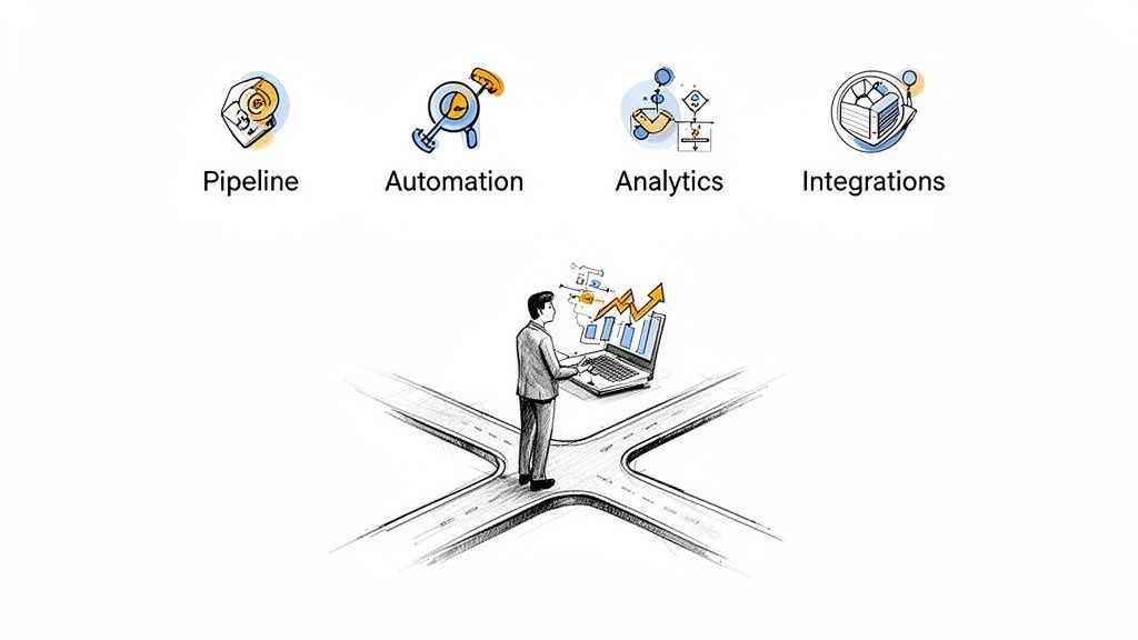 Man at crossroads with laptop, considering options like pipeline, automation, analytics, and integrations.