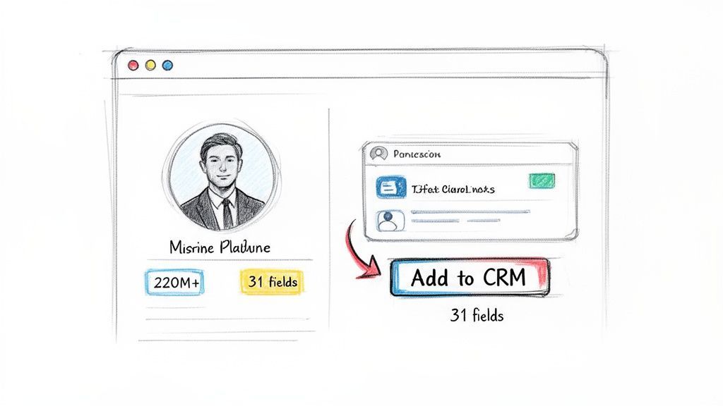 A hand-drawn sketch of a user profile interface displaying details and an 'Add to CRM' button.