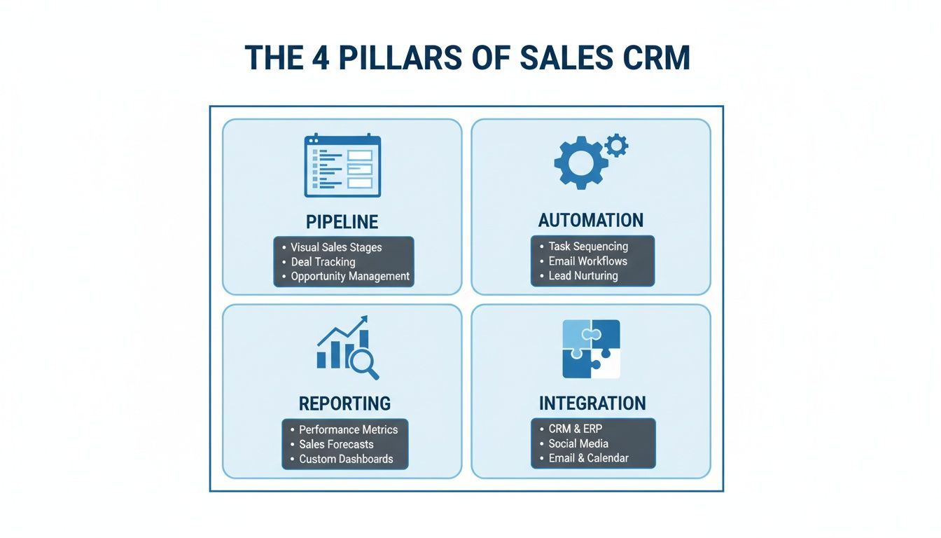 Diagram illustrating the four pillars of Sales CRM: Pipeline, Automation, Reporting, and Integration, with key features.