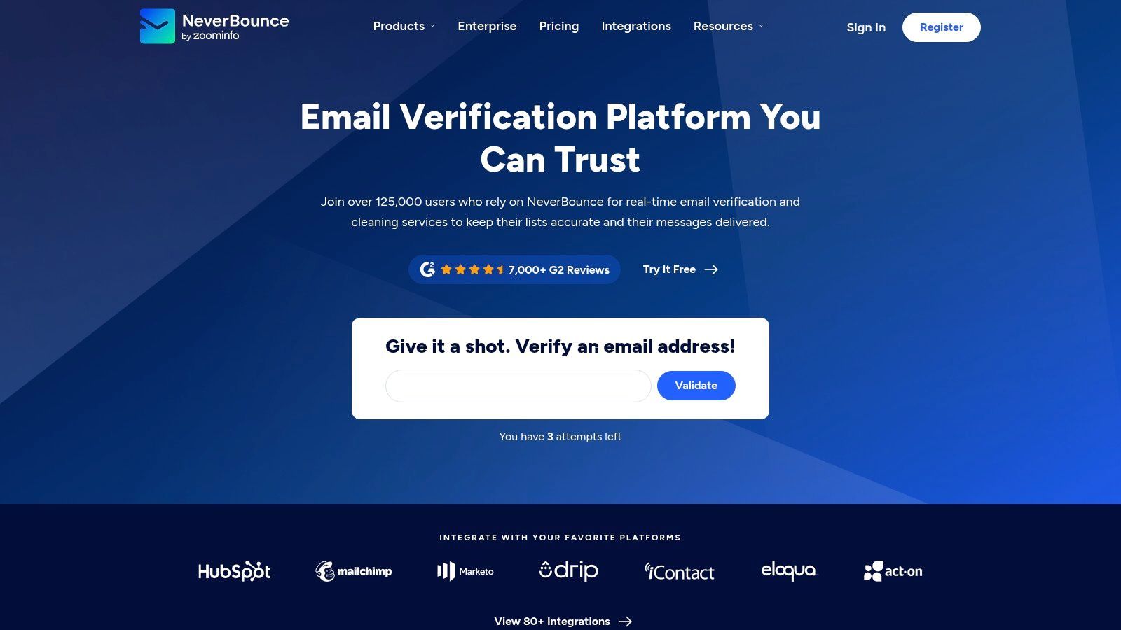 NeverBounce dashboard showing email list verification options