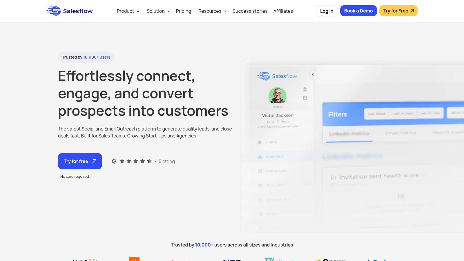 The Salesflow dashboard showing an overview of a professional network campaign's analytics, including connection requests, acceptances, and replies.