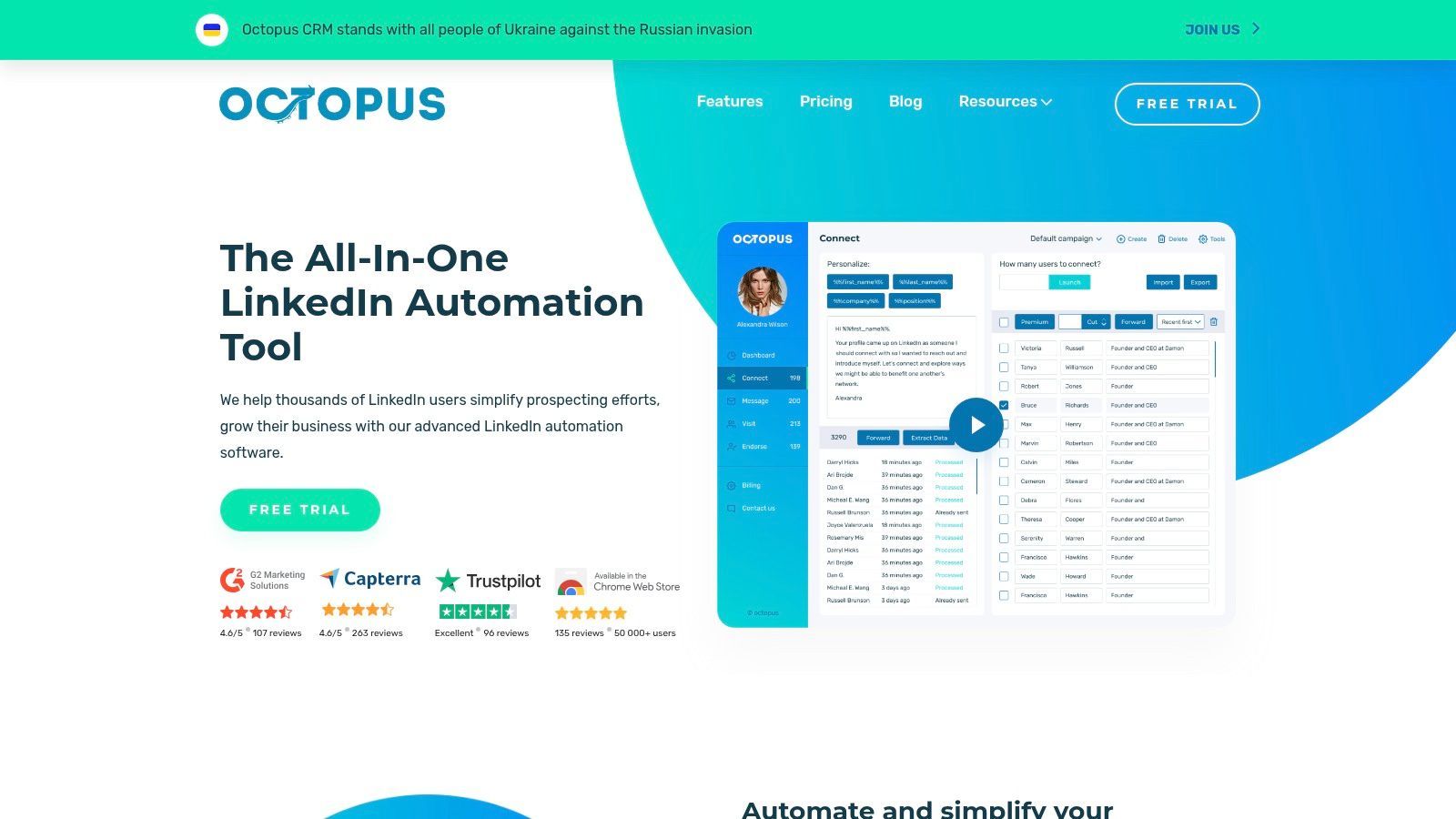An interface showing the Octopus CRM dashboard with campaign analytics and lead management funnels.