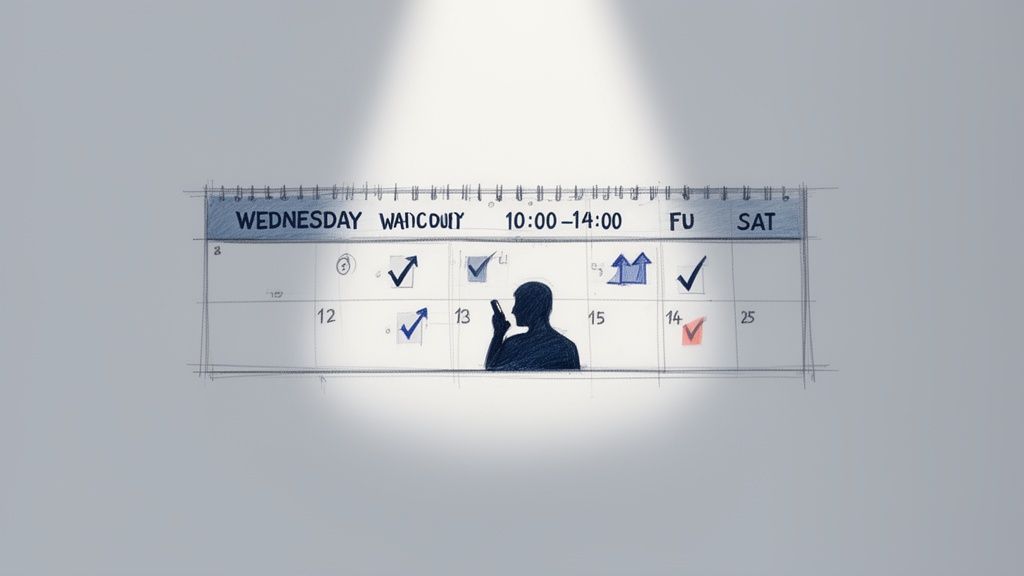 A sketch of a calendar with a person on a phone, marking appointments and tasks.