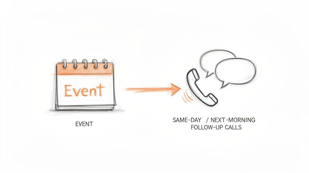 A calendar icon with 'Event' text points to a ringing phone with speech bubbles for follow-up calls.