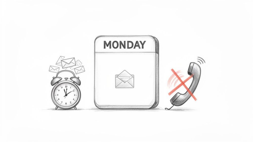 An alarm clock, a Monday calendar with email, and a crossed-out phone, depicting communication preferences.