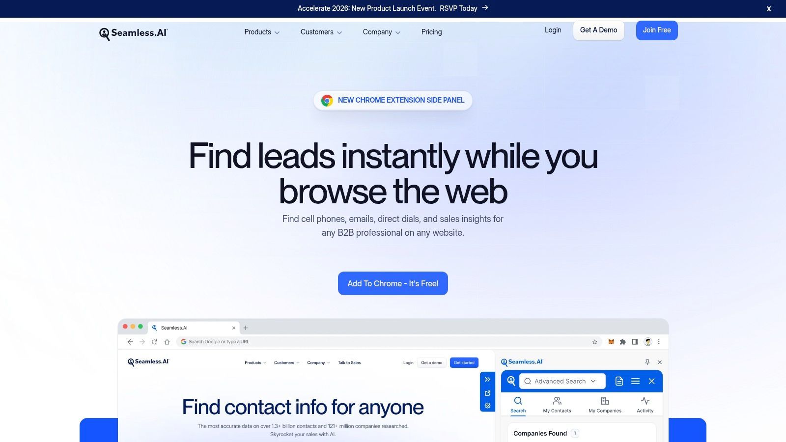 A screenshot of the Seamless.AI Chrome Extension overlay on a professional profile, showing buttons to find contact information like email and phone numbers.