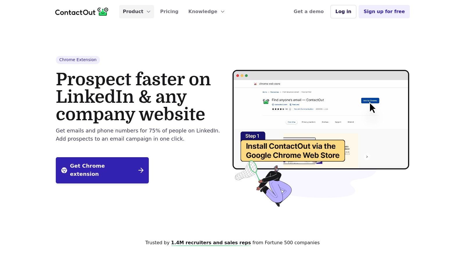The ContactOut extension overlay on a professional profile, showing fields for email and phone numbers, with buttons to save or add the contact to a list.