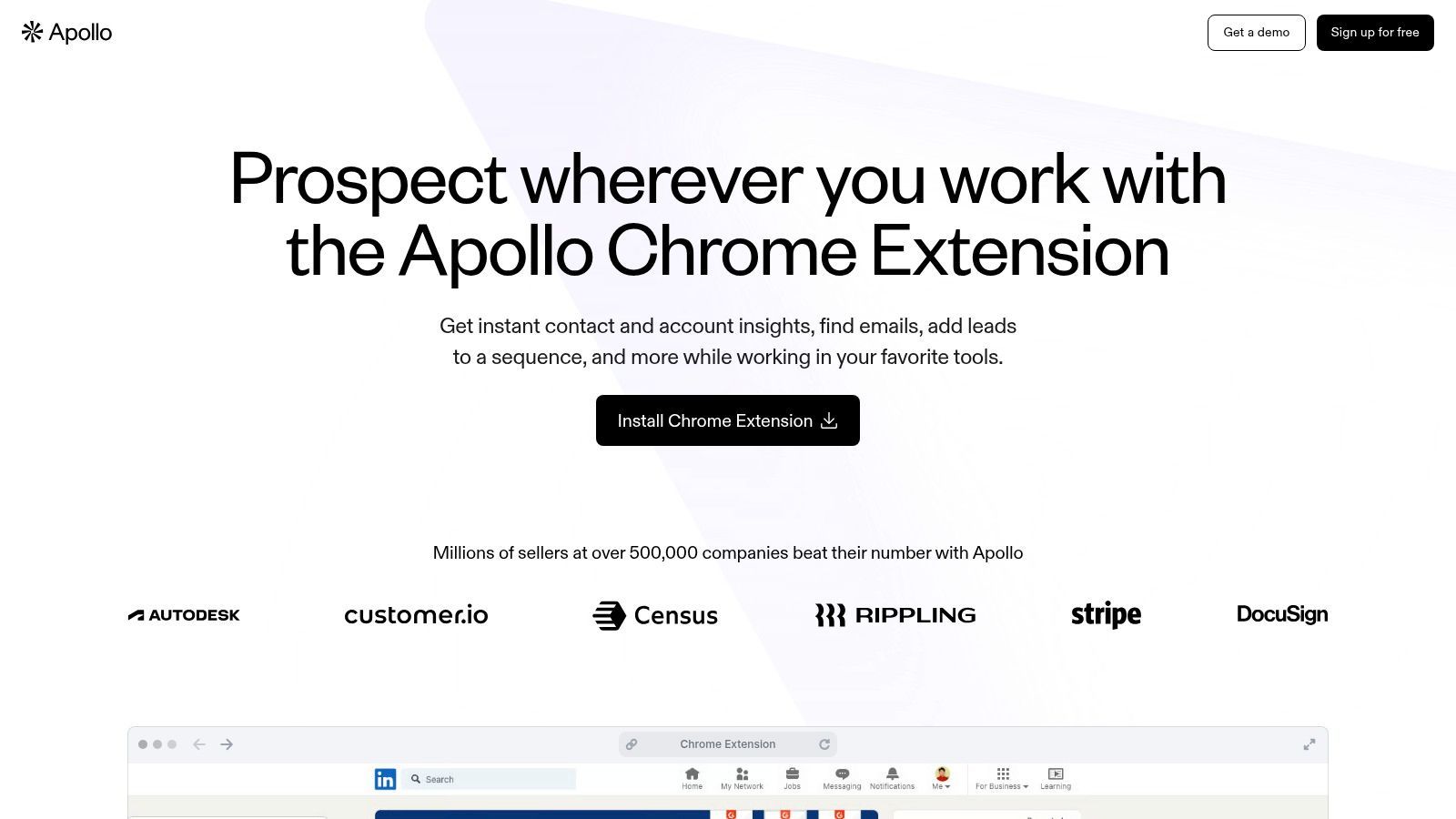 An image of the Apollo.io Chrome Extension overlay on a professional profile, showing buttons to reveal contact info and add the person to lists or sequences.