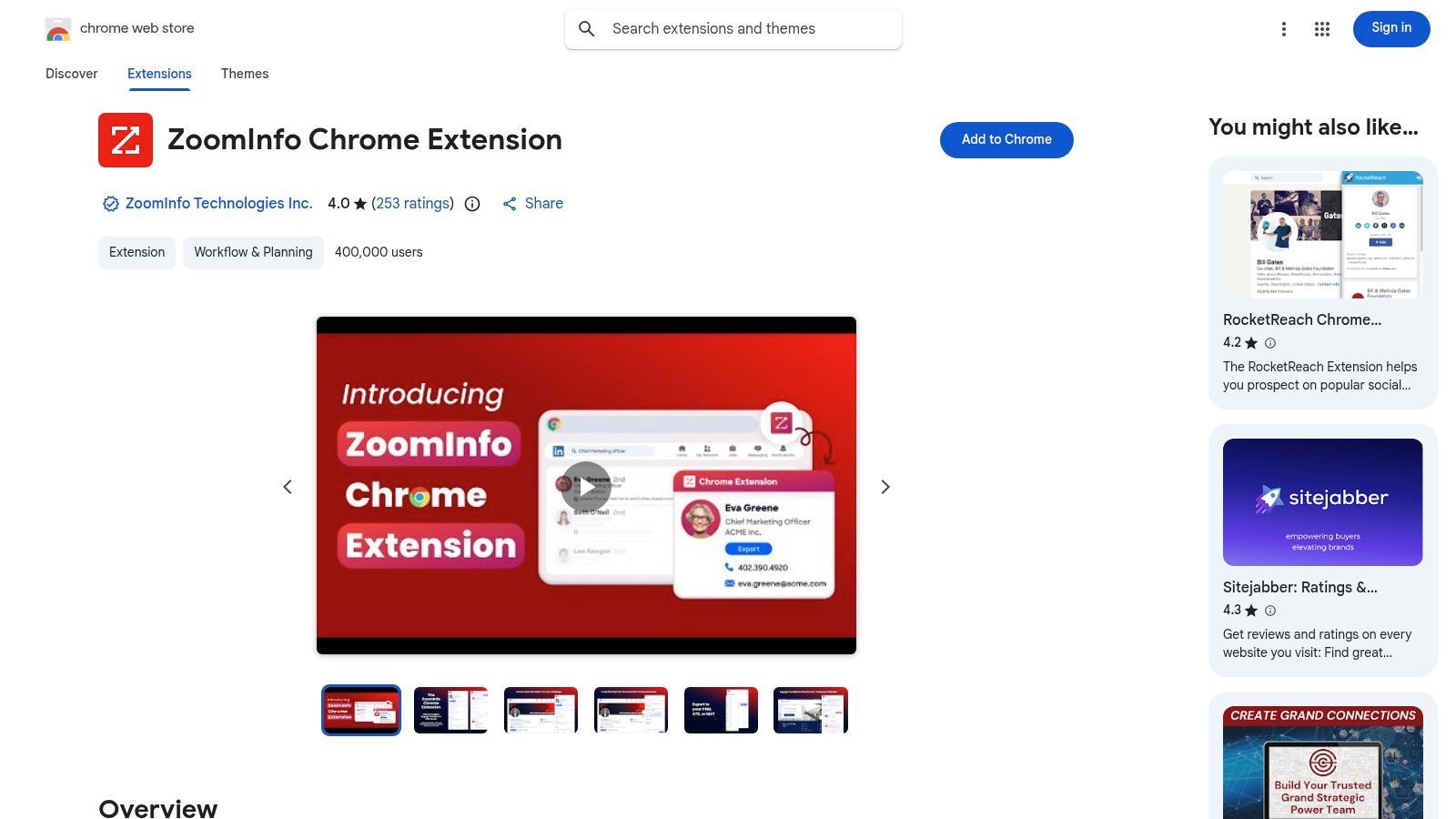 An image showcasing the ZoomInfo Chrome Extension interface overlaying a business profile, displaying contact details and company information.