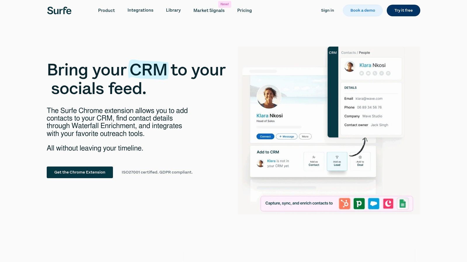 An image showing a CRM-like interface overlaid on a professional networking profile, with fields for contact information and deal stages, illustrating Surfe's direct integration.