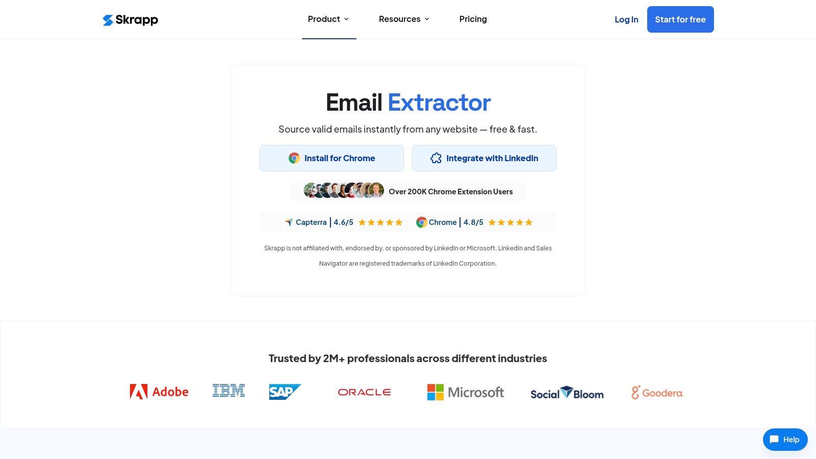 An image of the Skrapp.io extension interface showing an option to find emails and save leads from a social media profile, highlighting its data extraction capabilities.