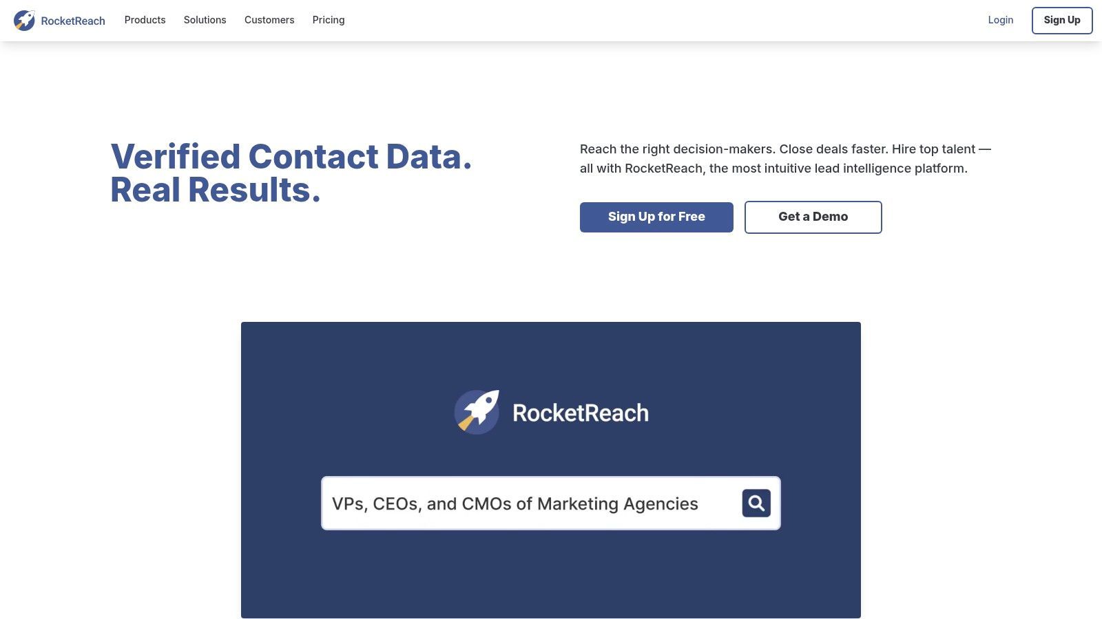 An image of the RocketReach platform's dashboard showing contact search results, highlighting its data enrichment capabilities.
