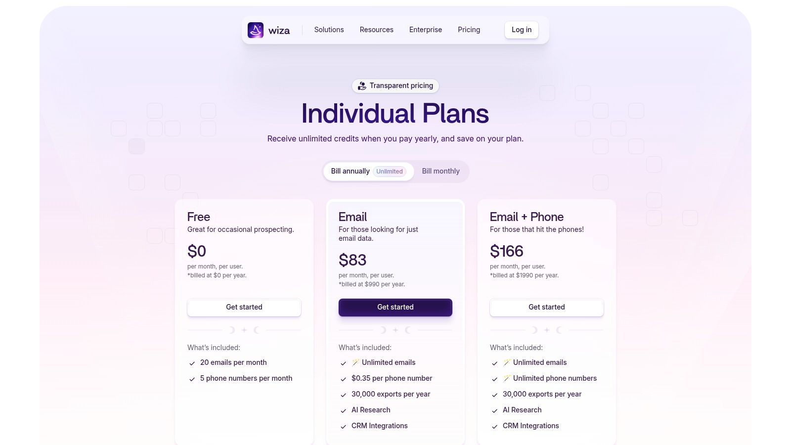 An image of Wiza's pricing plans, showcasing options for different team sizes and emphasizing transparent costs.
