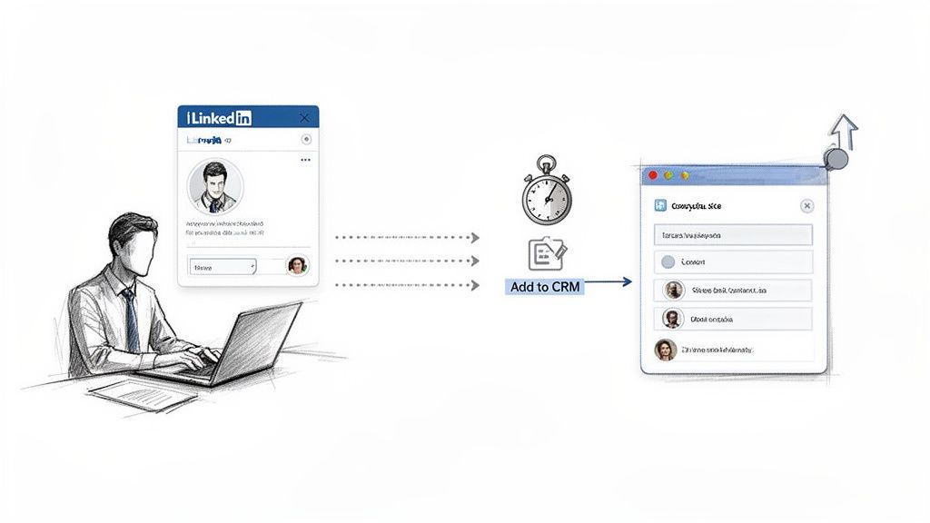 Workflow demonstrating a user adding LinkedIn profile data to a CRM system via a browser extension.