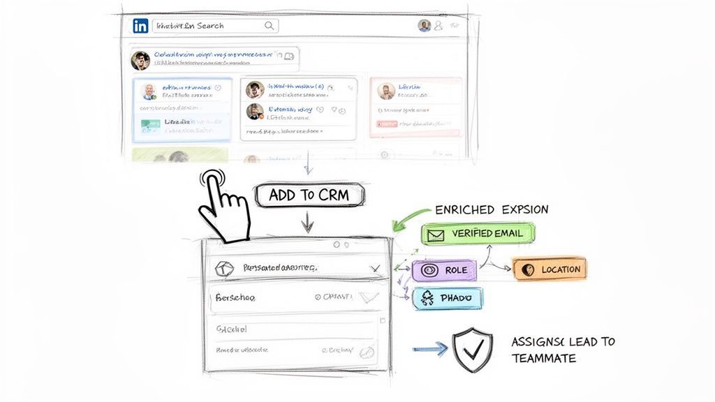 Flowchart illustrating a LinkedIn search, adding to CRM, enriching lead data, and assigning to a teammate.