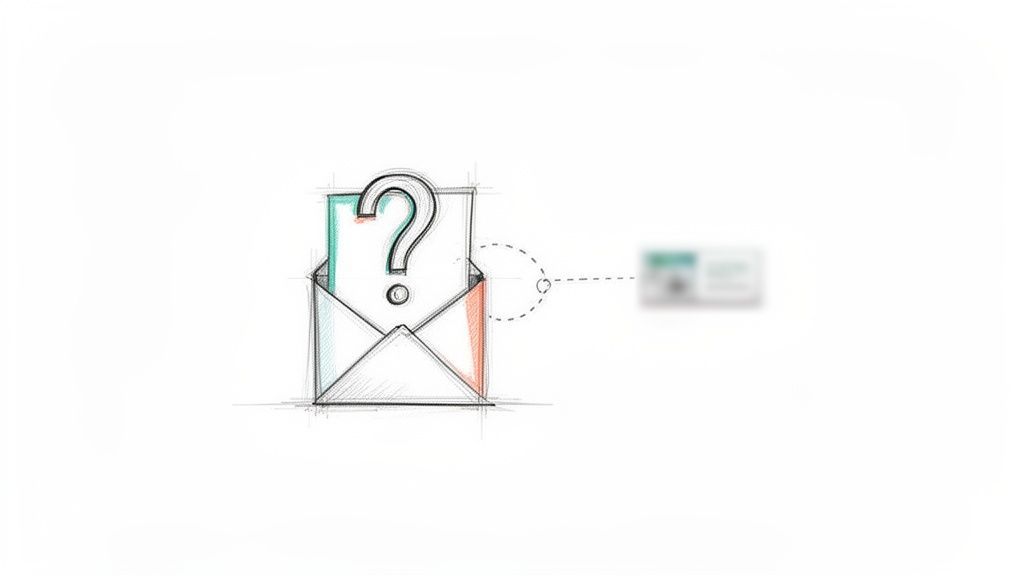 Sketch of an open envelope with a large question mark on paper, signifying an unknown query.