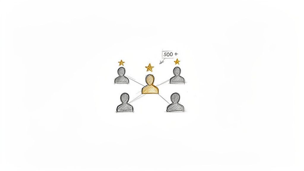 A golden person icon at the center connected to four grey people, representing a network or influencer.