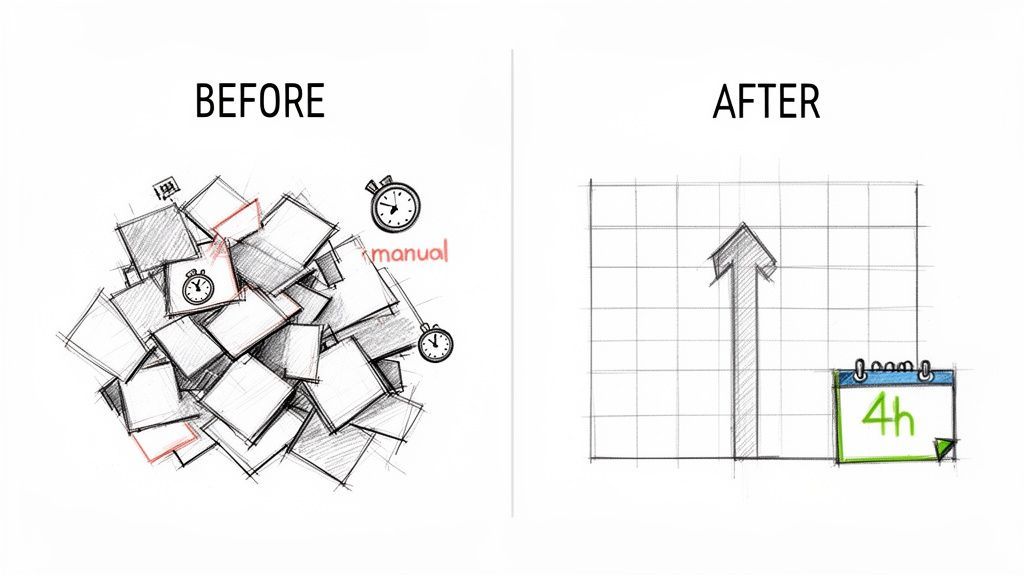 Before and after comparison showing inefficient manual work versus efficient, time-saving automation, reducing time to 4 hours.