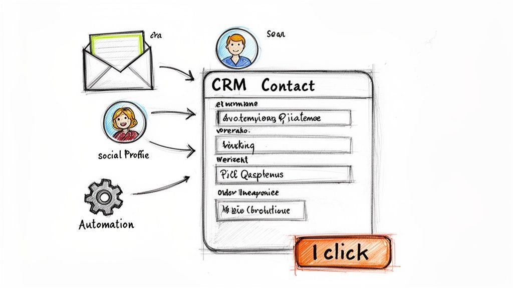 Sketch illustrating email, social profile, and automation data flowing into a CRM contact form.