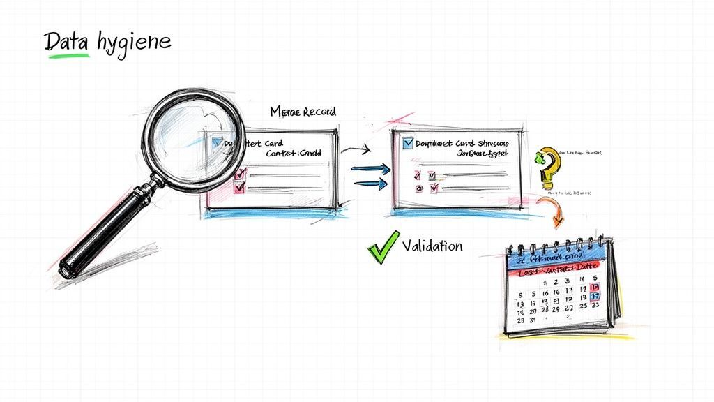 Illustration of data hygiene process showing merging records, validation, and tracking last contact date.
