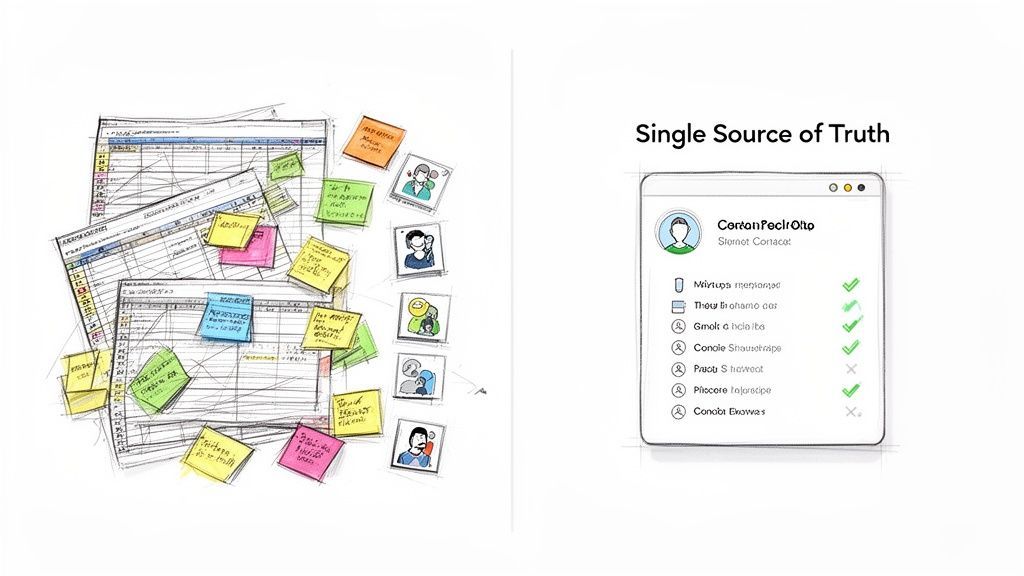 Illustration contrasting messy paper documents and sticky notes with a digital single source of truth contact profile.