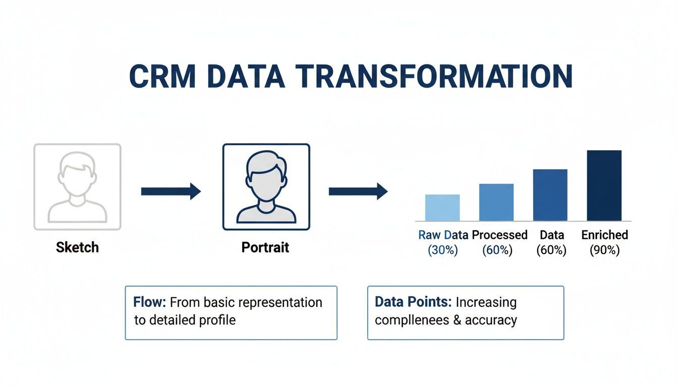 Diagram illustrating CRM data transformation from basic representation to enriched profile with increasing completeness.
