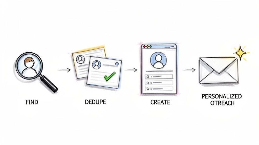 Diagram illustrating the process of finding, deduping, creating, and personalizing outreach to customer data.