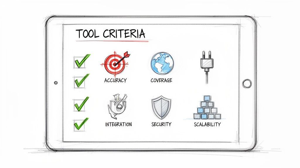 A tablet screen displays 'TOOL CRITERIA' and a list of six checked items: Accuracy, Coverage, Integration, Security, Scalability.
