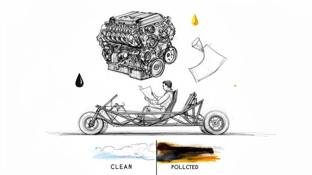 Detailed sketch of an automotive engine, a car chassis with a person reading, contrasting clean and polluted air.