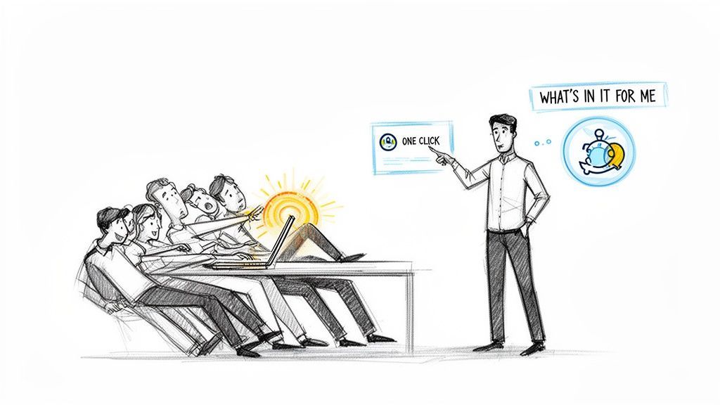 A presenter explains a 'one-click' business solution to an engaged team, emphasizing efficiency.