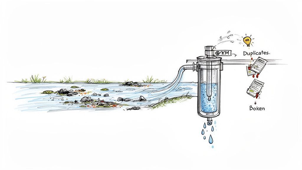 A drawing illustrates stream water purification, symbolizing knowledge management, identifying data duplicates and broken records.