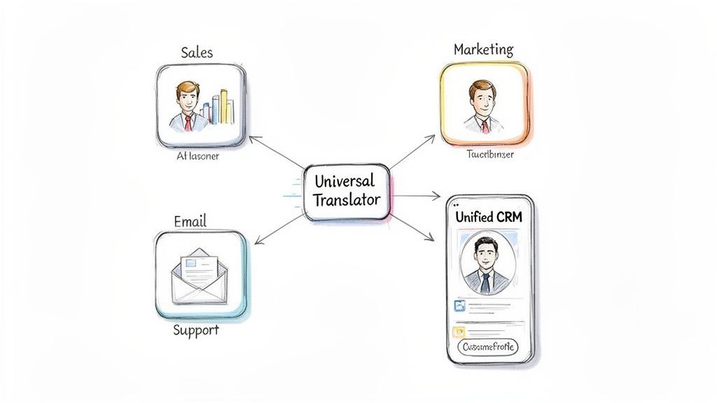 A diagram showing a universal translator integrating data from sales, marketing, and email into a unified CRM.
