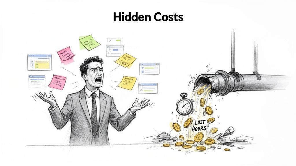 An illustration of a stressed man surrounded by tasks, next to a broken pipe leaking money and 'lost hours'.