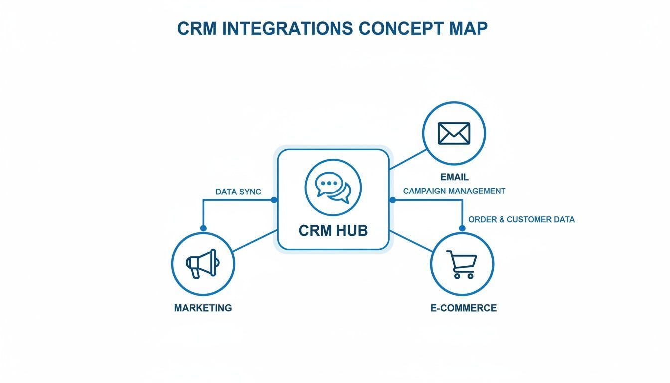 A concept map showing CRM Hub integrations with Marketing, Email, and E-commerce for data synchronization and campaign management.