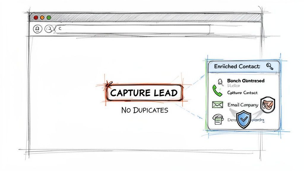 A sketch of a web browser showing a 'Capture Lead' button and an 'Enriched Contact' pop-up with details.