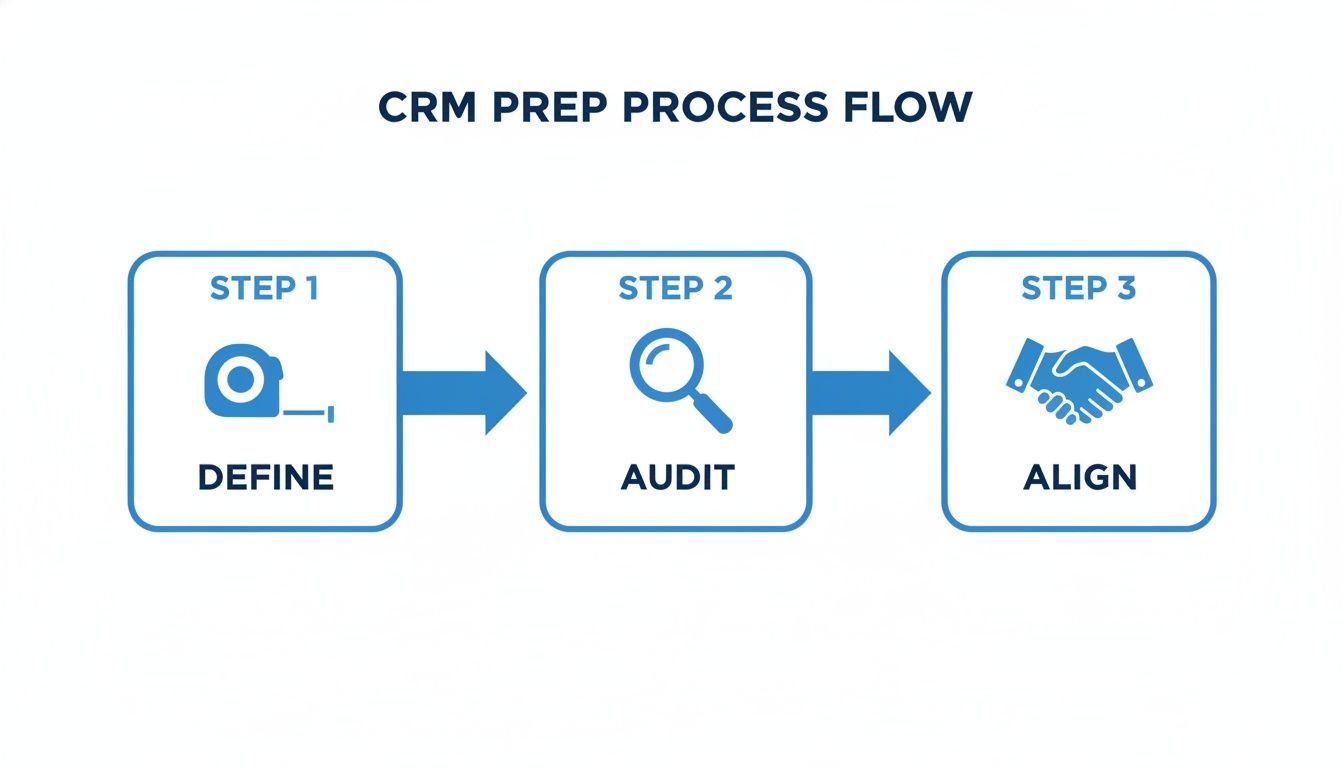 CRM preparation process flow with three steps: Define (measuring tape), Audit (magnifying glass), and Align (handshake).