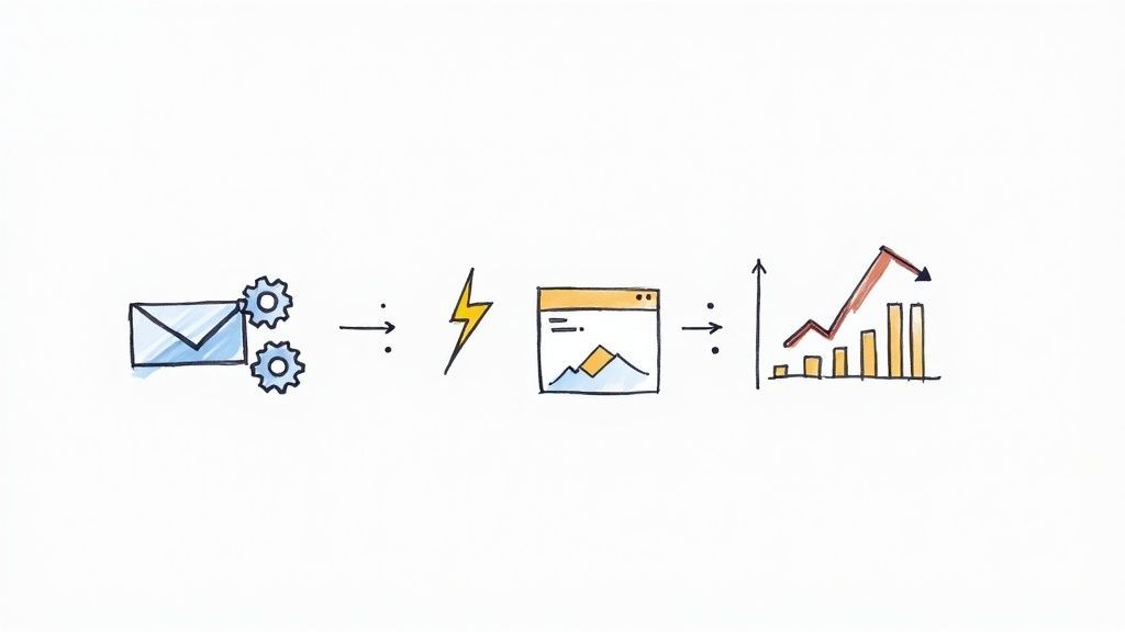 Visualizing a marketing workflow from automated email to web analytics and performance results.