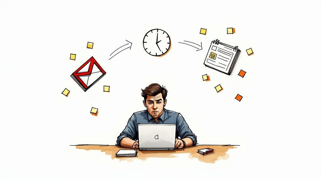 A focused man on a laptop, managing emails, time, and calendar events efficiently.