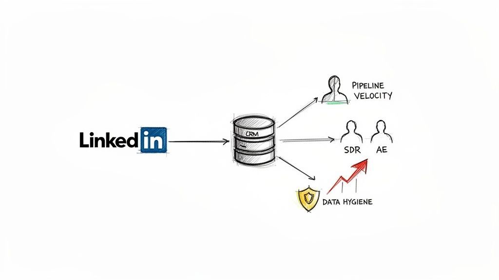 Diagram showing LinkedIn data flowing into a CRM, supporting pipeline velocity, sales teams (SDR, AE), and data hygiene.