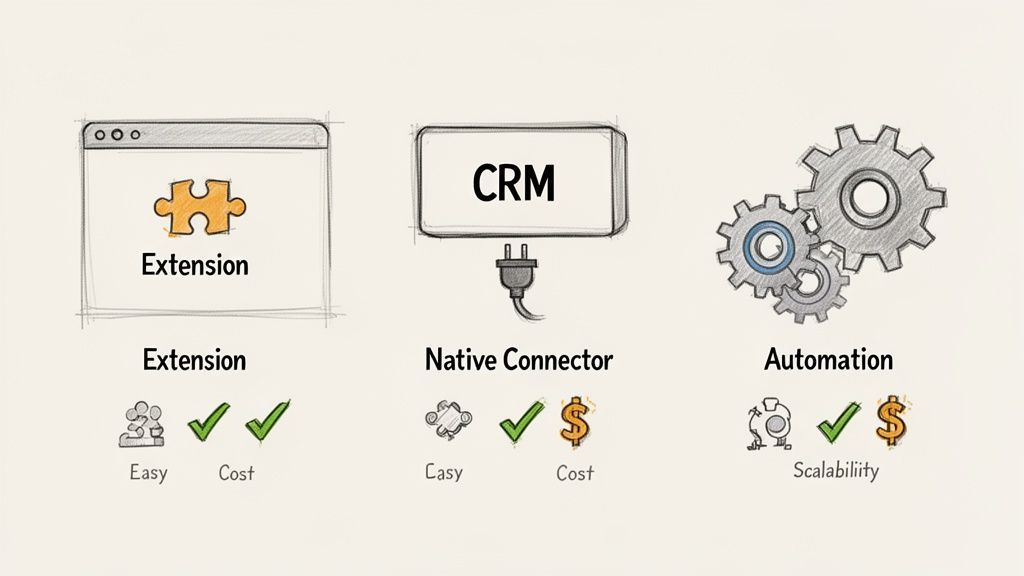 Diagram comparing extension, native connector, and automation solutions, highlighting their ease, cost, and scalability.